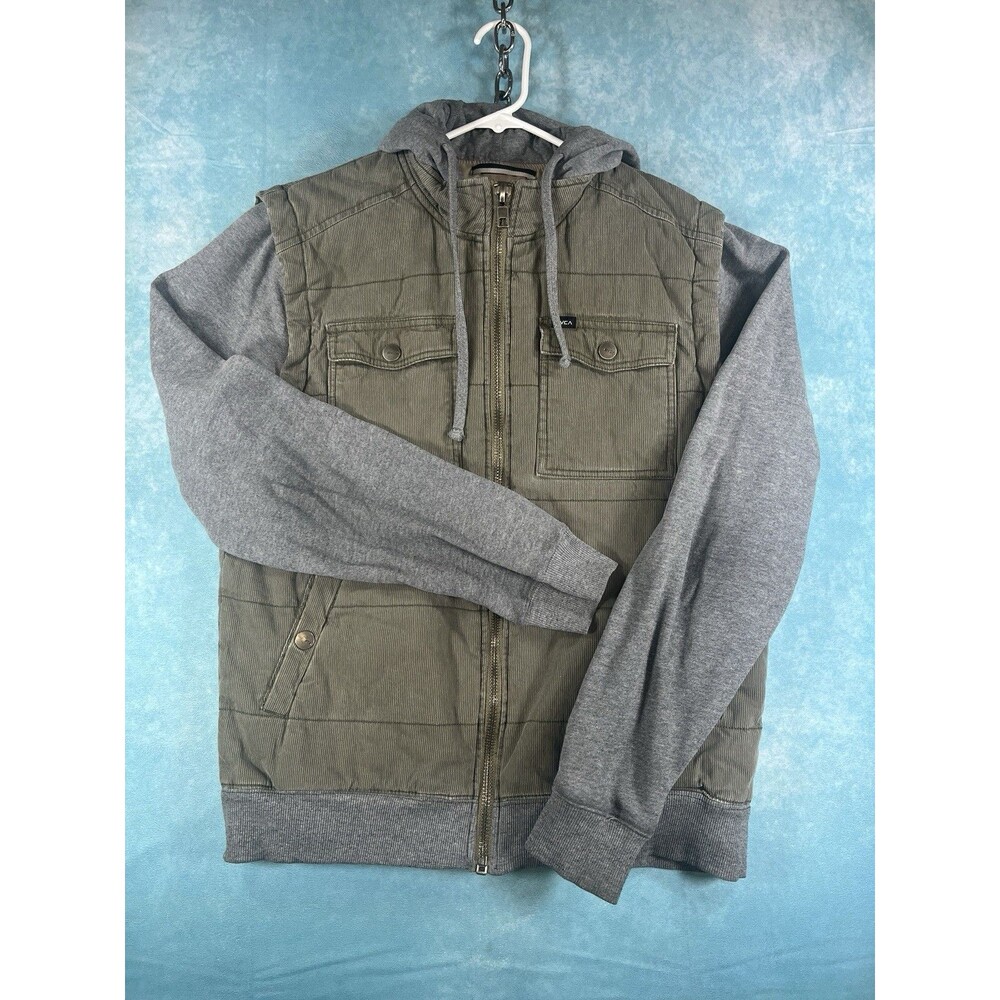 RVCA Jacket Mens Medium Hooded Varsity Quilted Fleece Lined Pockets Snap Front